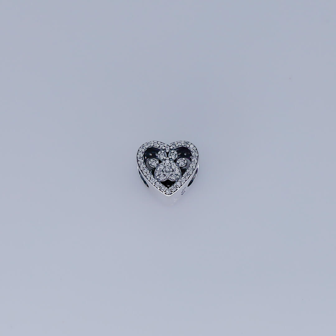 Pingente para pulseira coração com pata de cachorro - Prata 925 (20816)